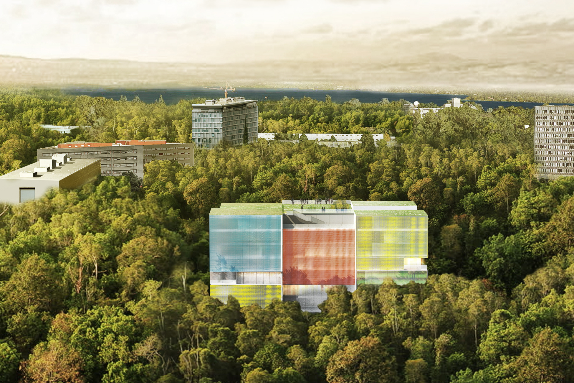 Yenilikçi renkli fotovoltaik cam cepheli yeşil ofis binası 